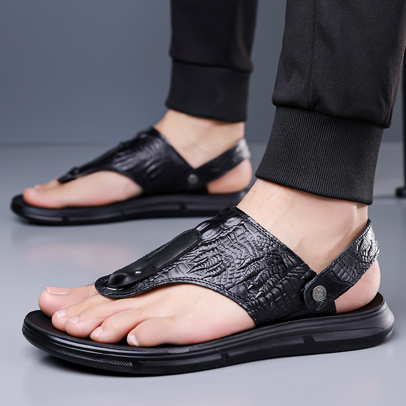 Genuine leather slippers with cowhide and crocodile pattern on the top layer, soft and lightweight, easy to wear in one foot, convenient for summer home slippers